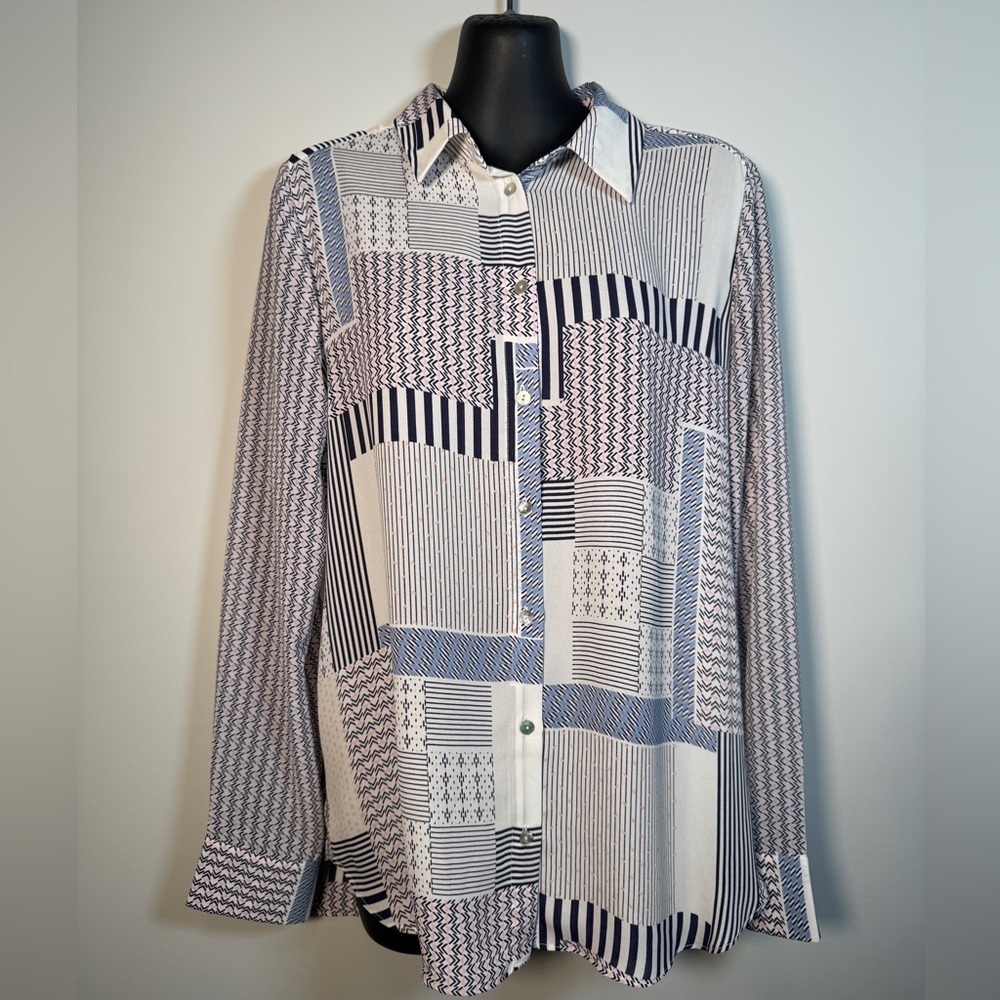 Rose+Olive Patchwork Geometric Print Button Up Blouse Navy Pink | Size Medium